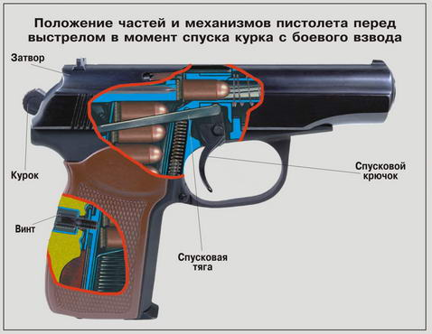 Положение частей и механизмов пистолета перед выстрелом в момент спуска курка